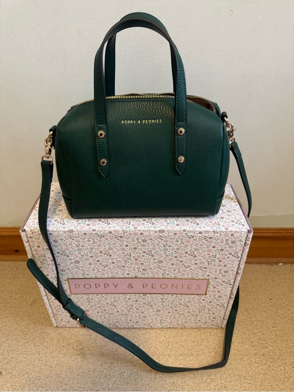 Poppy & Peonies Deep Green Pebbled Leather Satchel